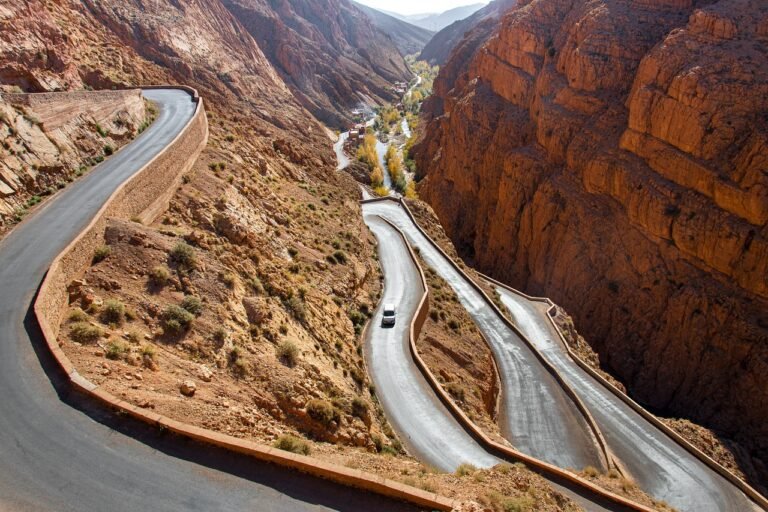 Scenic road through the dramatic Dades Canyon landscape in the Atlas Mountains of Morocco