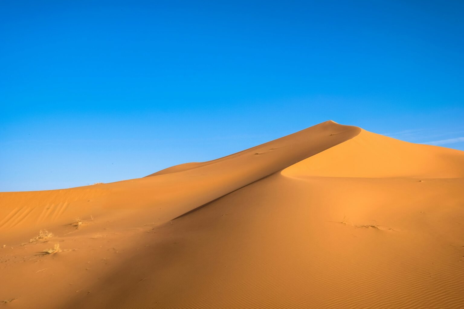 A breathtaking view of golden sand dunes contrasted against a vibrant blue sky in a desert landscape.