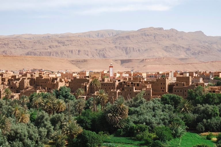Panoramic view of Todra Valley in Morocco with rocky hills and desert landscape