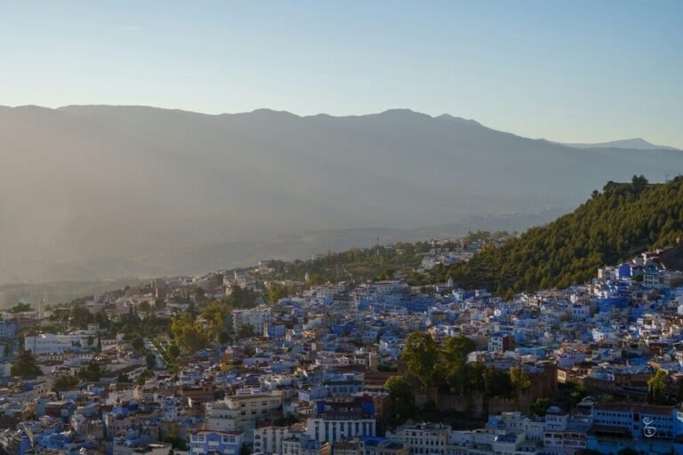 Chefchaouen blue city in morocco with mountain lanscape view