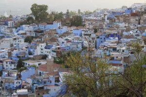 Aerial view of Chefchaouen's blue buildings in the Rif Mountains, Morocco