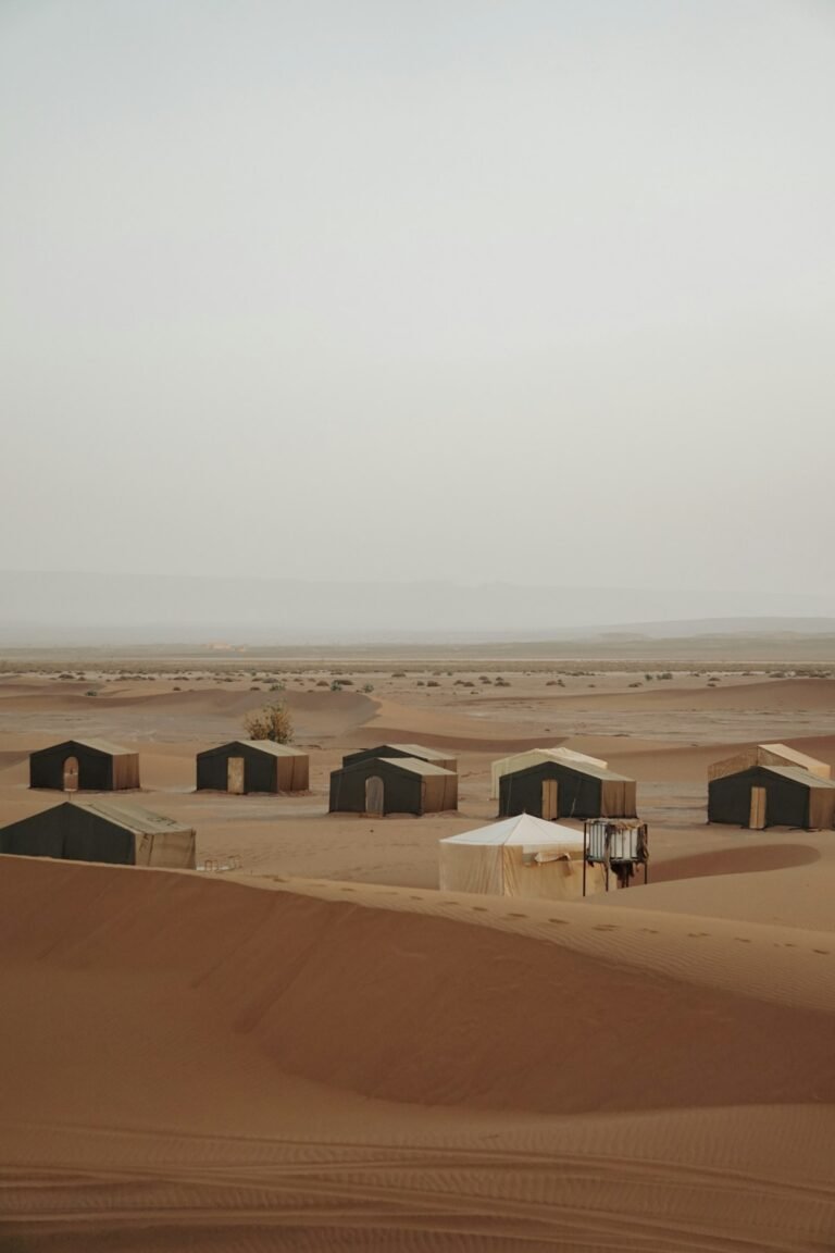 Traditional desert camp tents in the Sahara dunes near Merzouga, Morocco