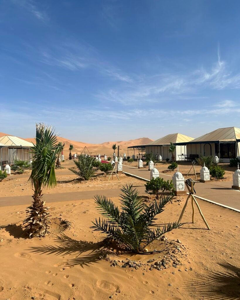 Tiendas de un campamento entre palmeras cerca de las dunas de Merzouga