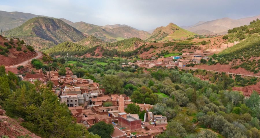 Aerial view of a village in the High Atlas Mountains valleys, Morocco, a prime trekking destination
