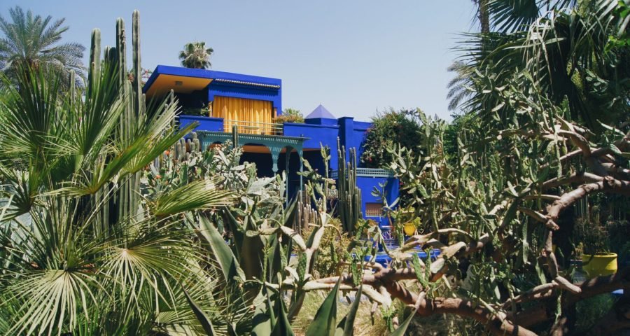 Majorelle Blue villa surrounded by lush exotic gardens in Marrakech