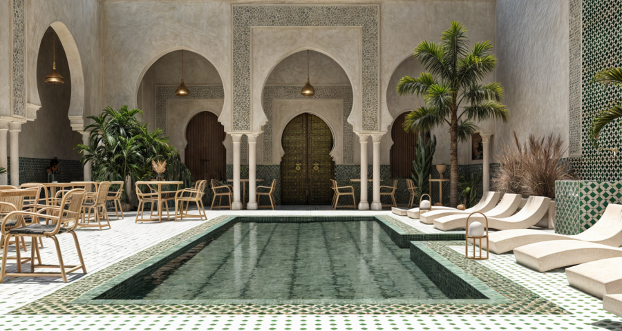 A traditional riad courtyard in Morocco, with rooms opening onto a central pool
