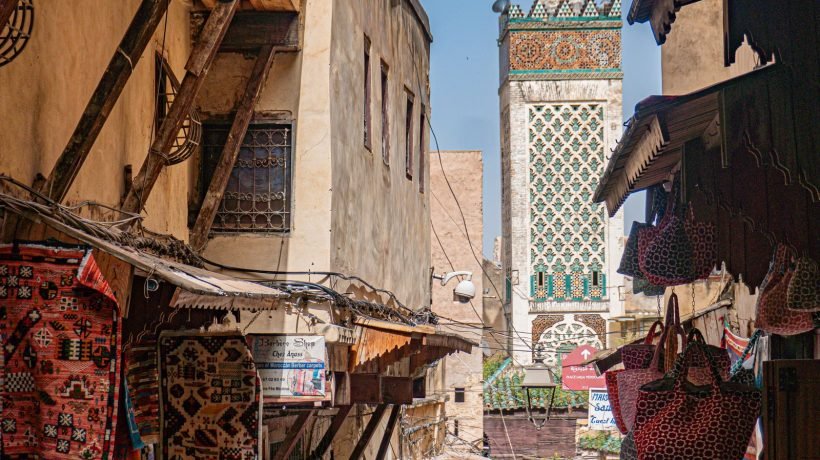 A colorful souk market stall on the Fes to Marrakech tour route