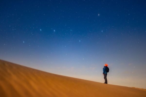A traveler stargazing from a Sahara dune under a clear night sky in Morocco