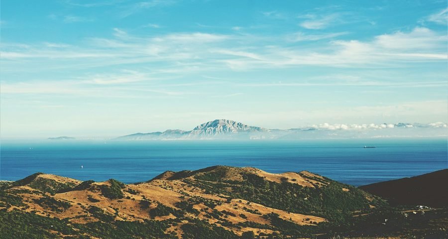 View across the Strait of Gibraltar from Tarifa, Spain, toward the Moroccan coast