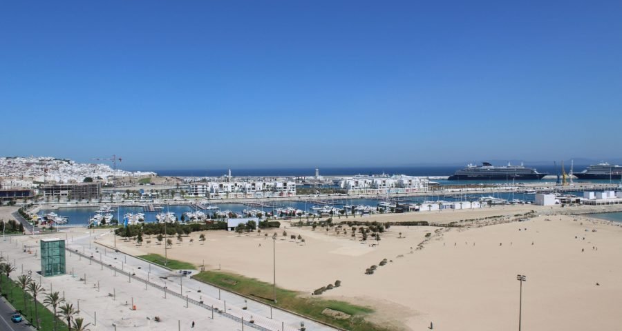 Aerial view of Tangier port and marina, Morocco, with a ferry arriving