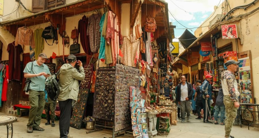 Bustling street market in Fes medina, Morocco